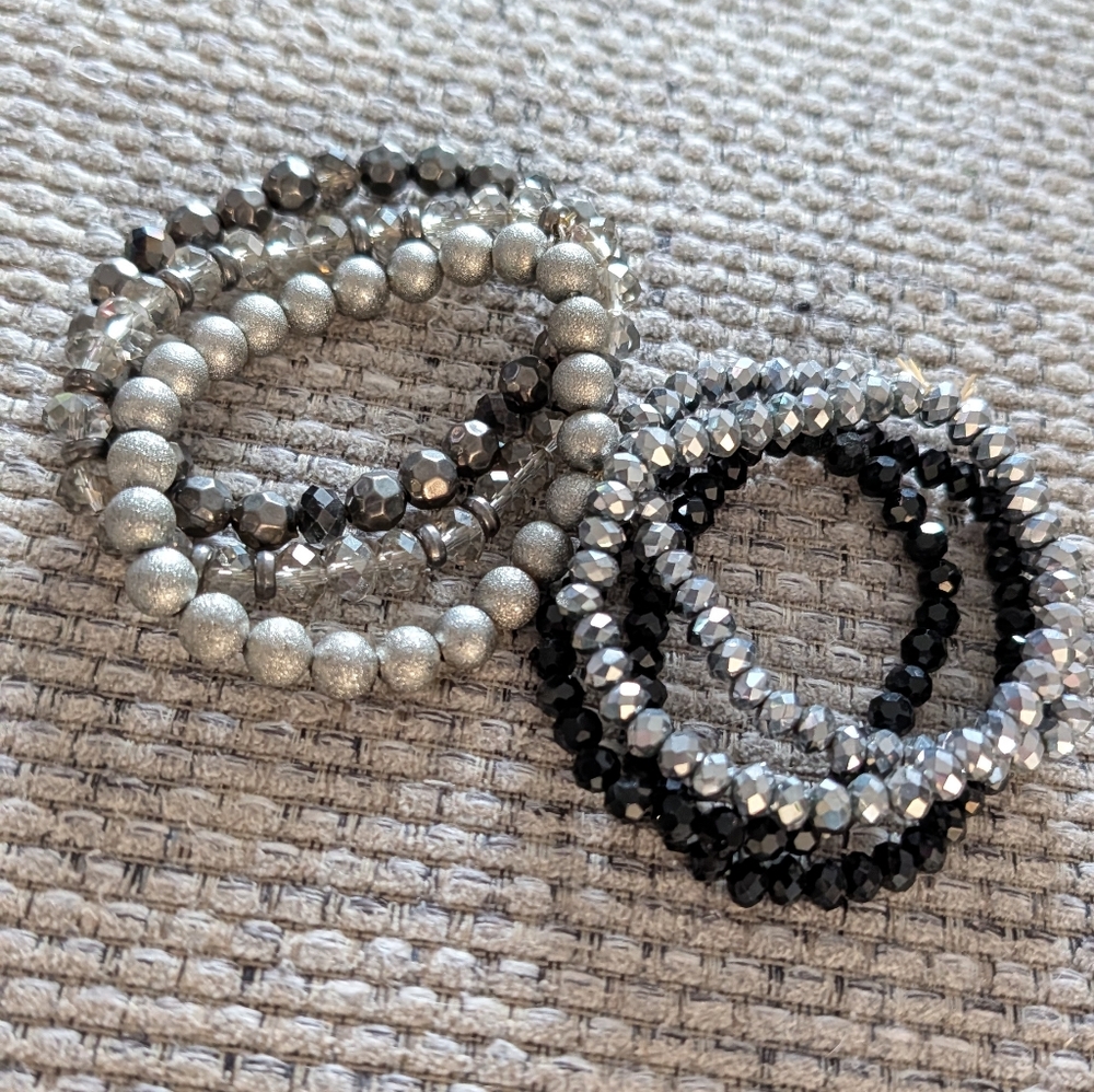 Elegant Silver and Black Beaded Bracelet Set